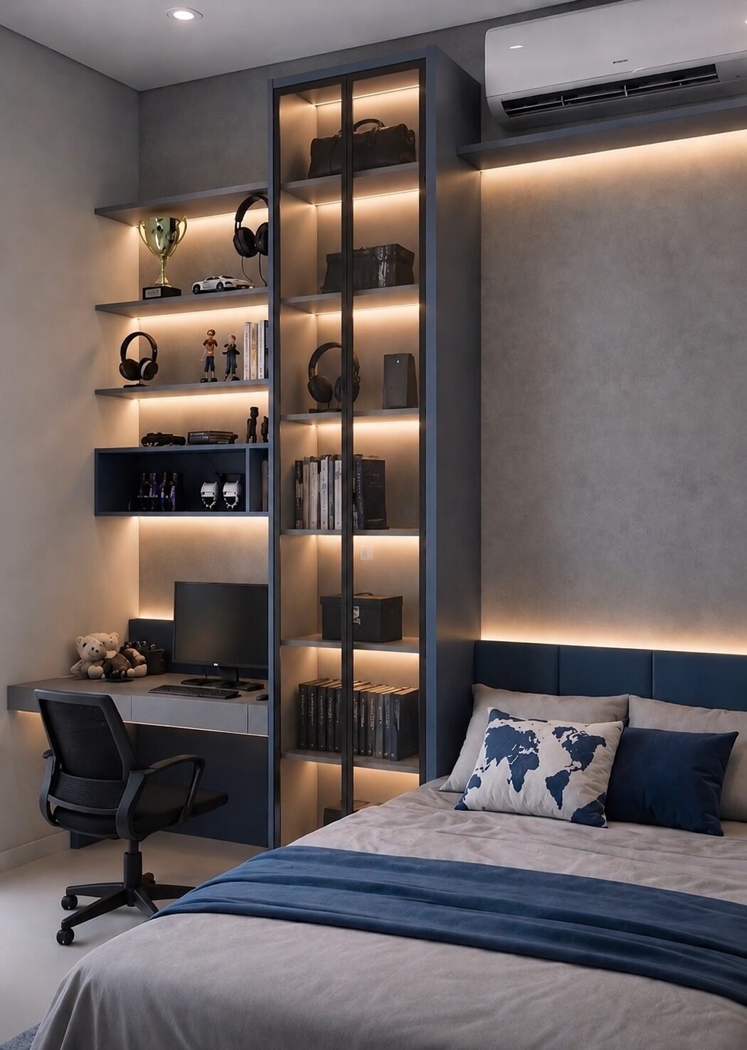 3D render of a bedroom with lit shelves and glass tall unit by TSC Design Studio