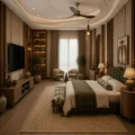Master bedroom interior with wooden panelling and warm lighting