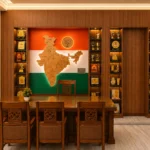 Office interior with wooden India map feature wall and lit trophy display, designed by TSC Design Studio