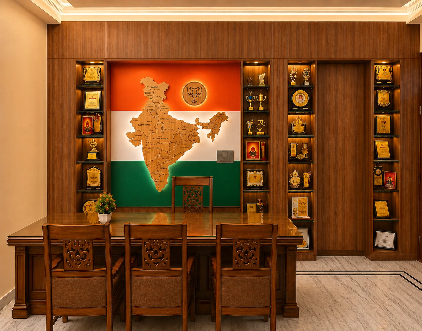 Office interior with backlit wooden India map feature wall and lit trophy niches, designed by TSC Design Studio