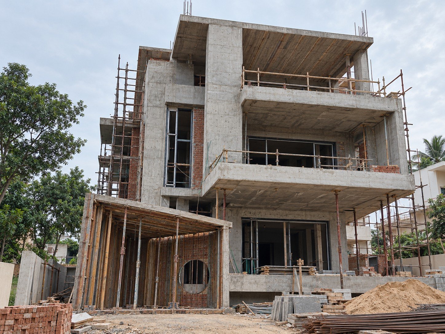 Construction stage – cantilevered Indian residence – TSC Design Studio