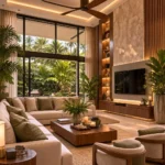 Tropical living room interior with walnut panelling, stone feature wall and garden views
