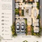Ground floor plan of a 40x65 tropical residence with living, dining, master bedroom and 2-car parking