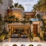 Modern tropical residence exterior design with greenery, wooden slats and pool deck by TSC Design Studio